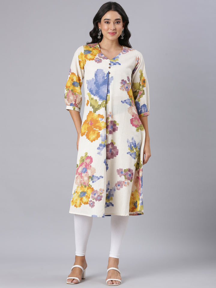 Neerus Off White A-Line Casual Floral Kurtas