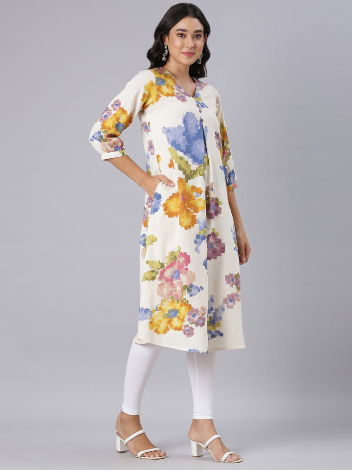 Neerus Off White A-Line Casual Floral Kurtas