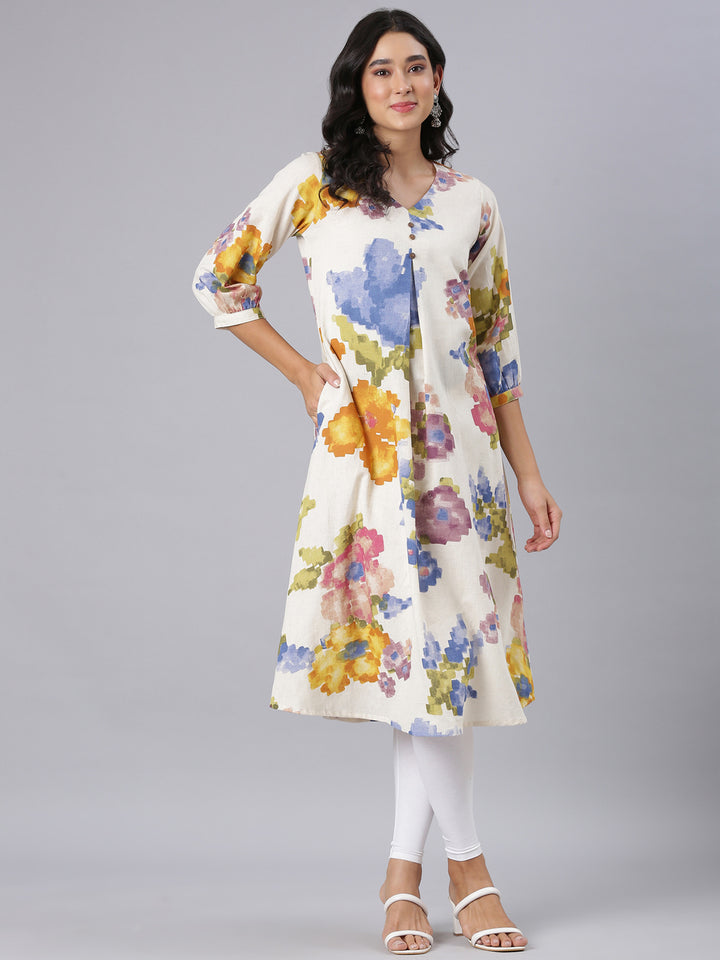 Neerus Off White A-Line Casual Floral Kurtas