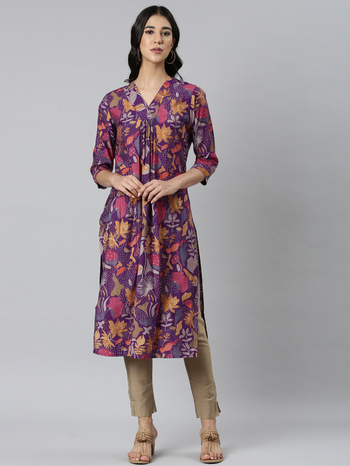 Neerus Purple Casual Quirky Straight Kurtas