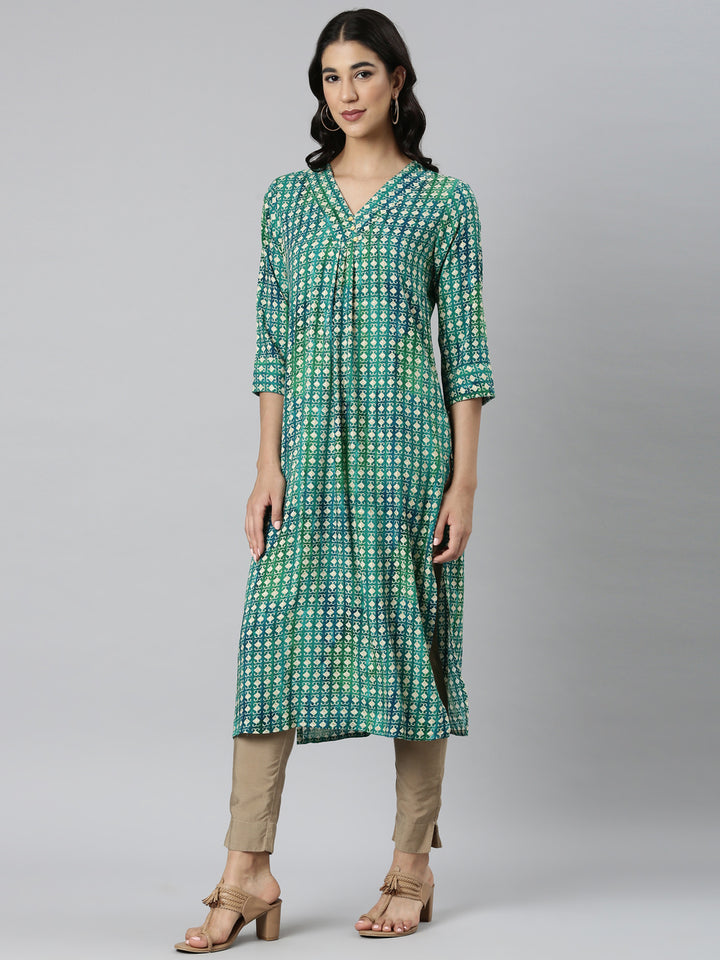 Neerus Green Casual Ethnic Motifs Straight Kurtas