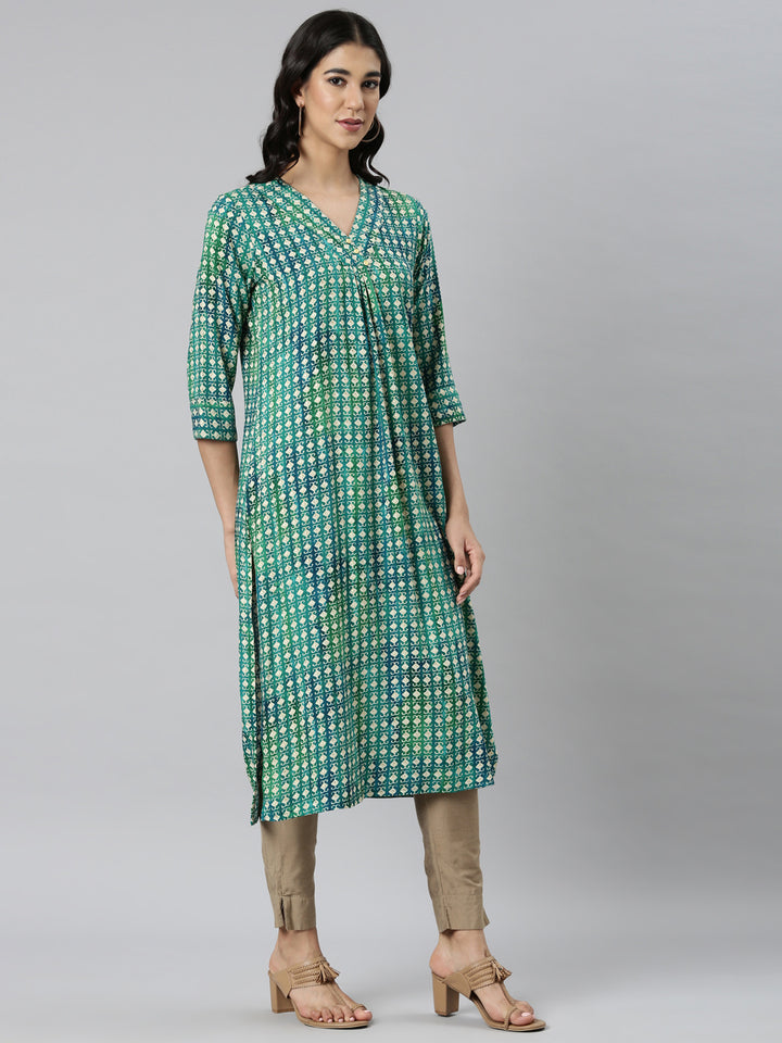 Neerus Green Casual Ethnic Motifs Straight Kurtas