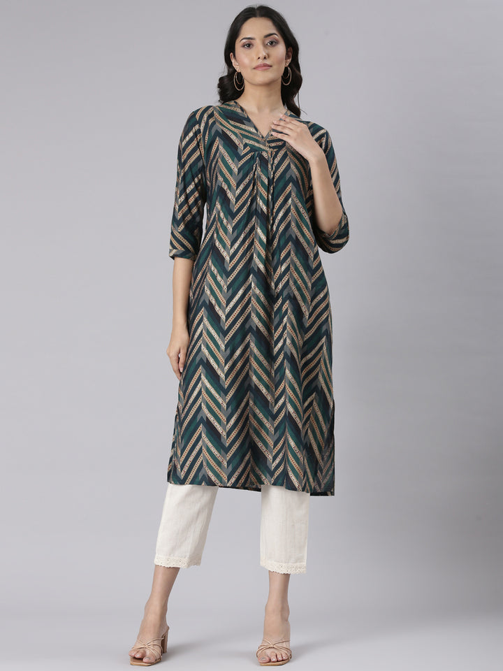 Neerus Blue Casual Chevron Straight Kurtas