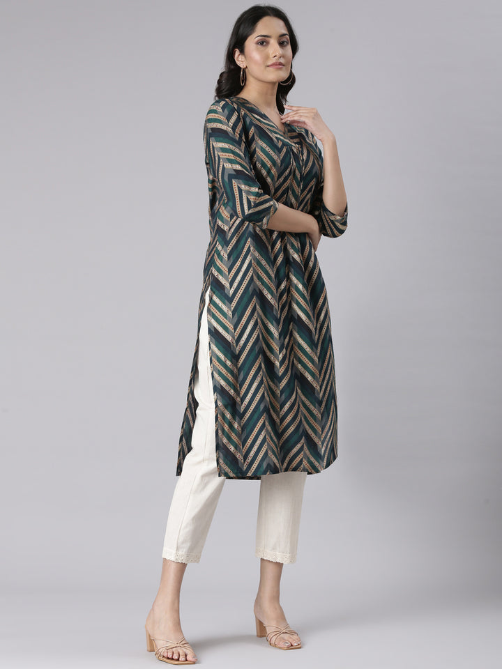 Neerus Blue Casual Chevron Straight Kurtas