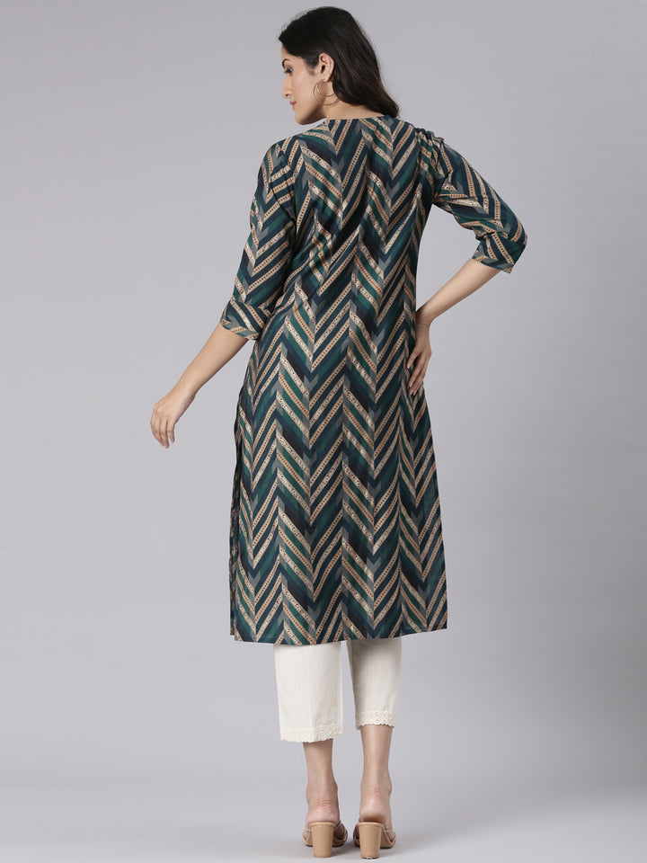 Neerus Blue Casual Chevron Straight Kurtas