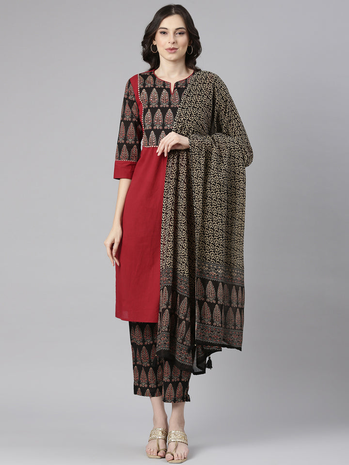 Neerus Maroon Solid Straight Kurta and Trousers With Dupatta