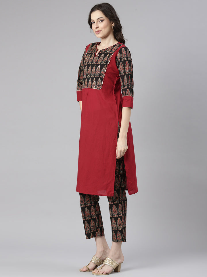 Neerus Maroon Solid Straight Kurta and Trousers With Dupatta