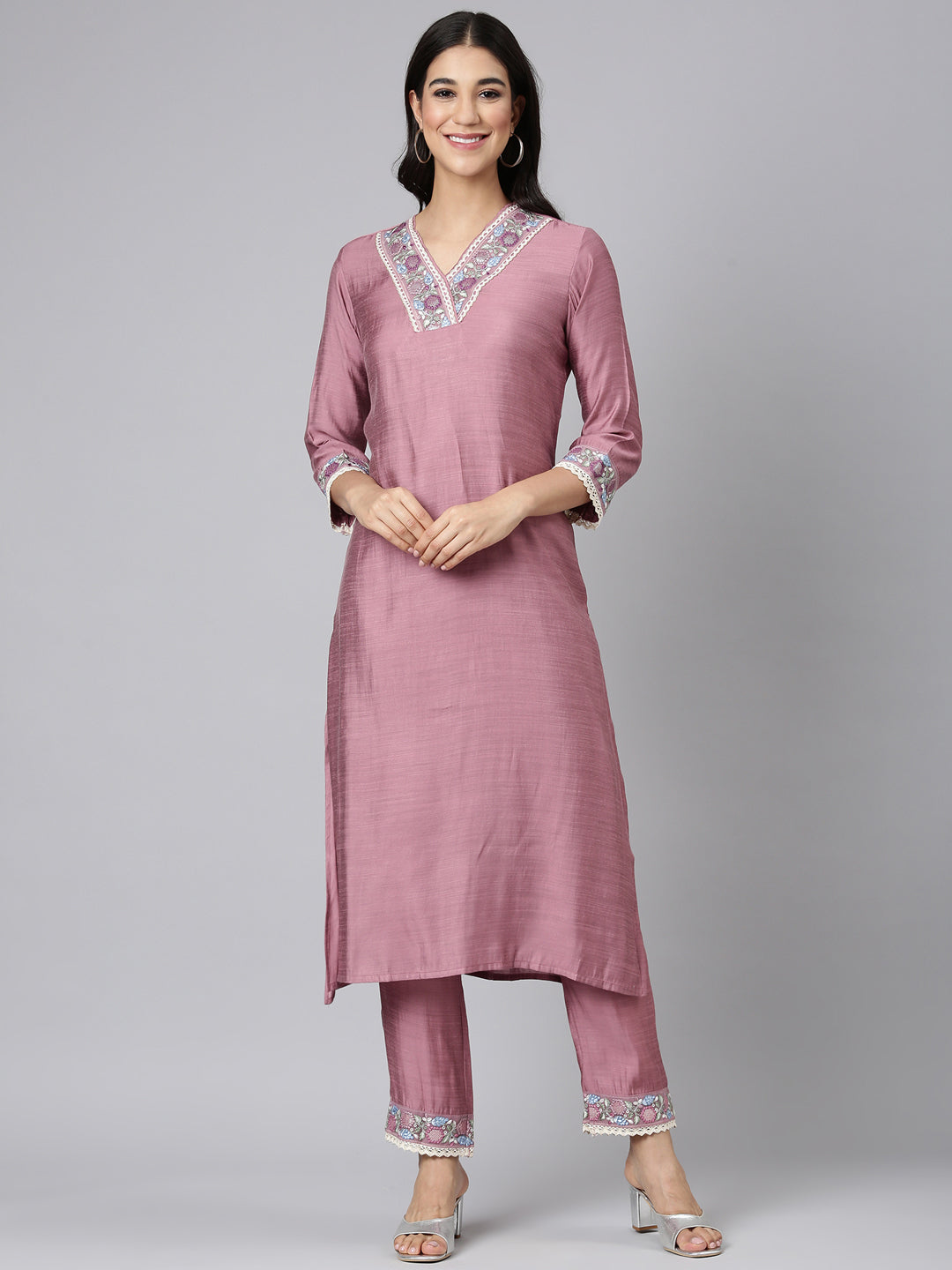 Neerus Pink Solid Straight Kurta and Trousers