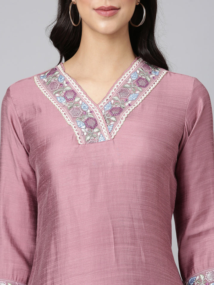 Neerus Pink Solid Straight Kurta and Trousers
