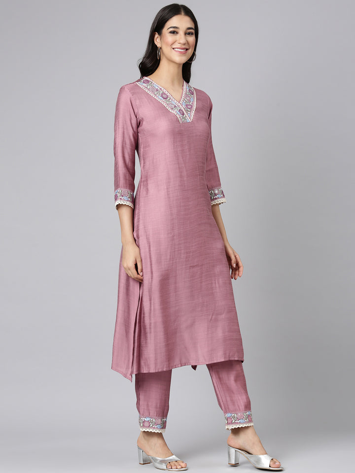 Neerus Pink Solid Straight Kurta and Trousers