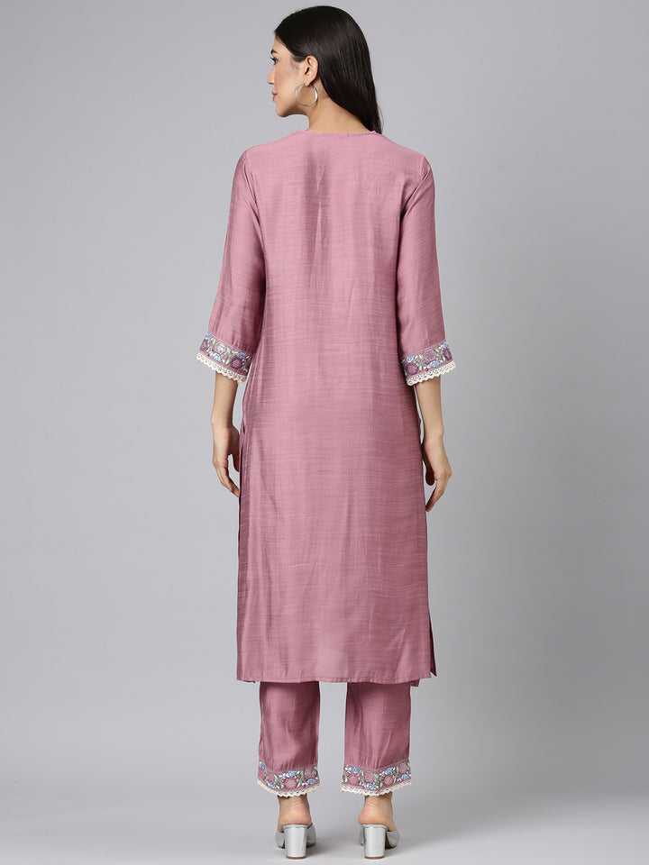 Neerus Pink Solid Straight Kurta and Trousers