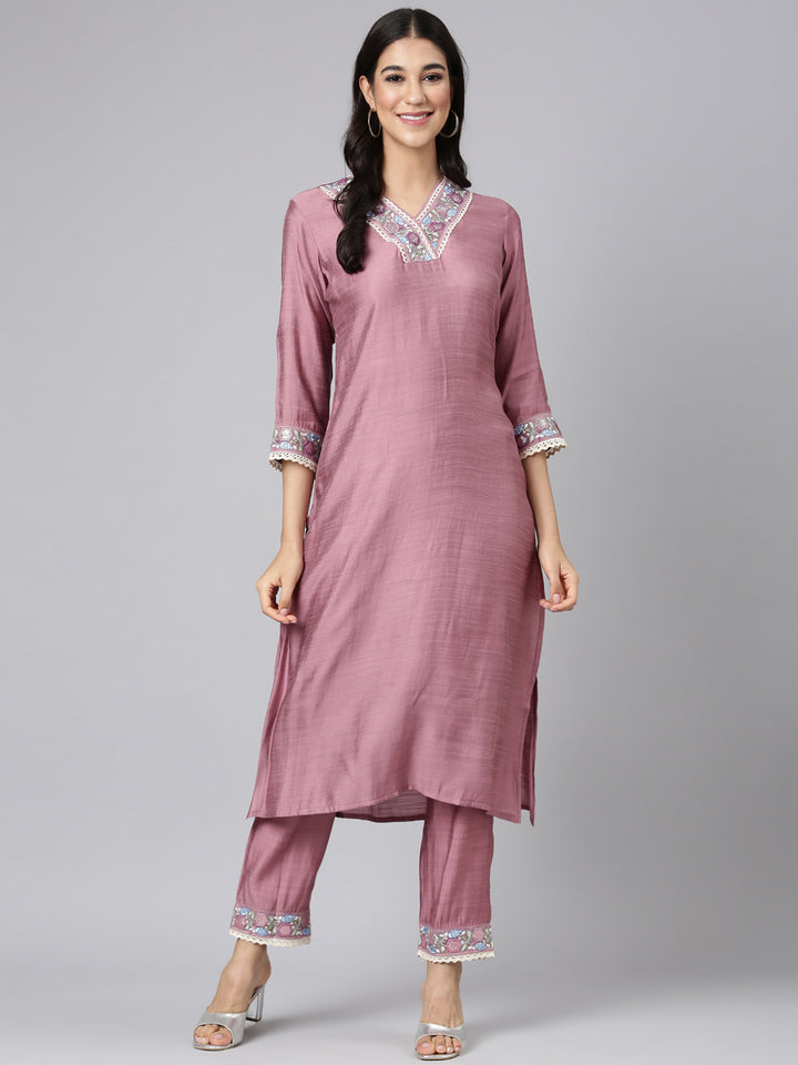 Neerus Pink Solid Straight Kurta and Trousers