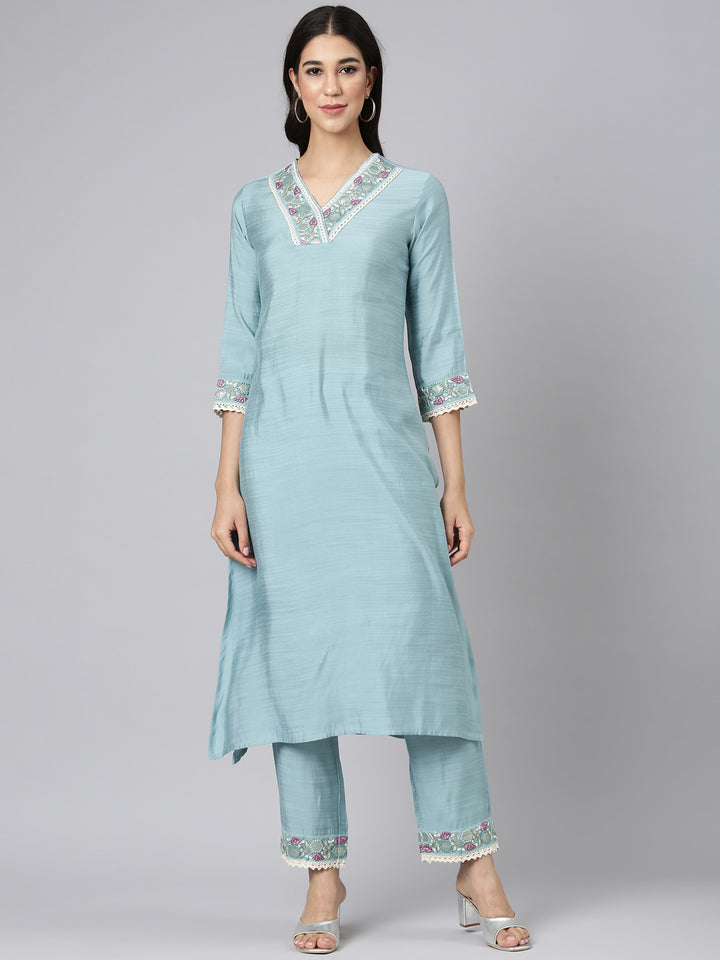 Neerus Blue Solid Straight Kurta and Trousers