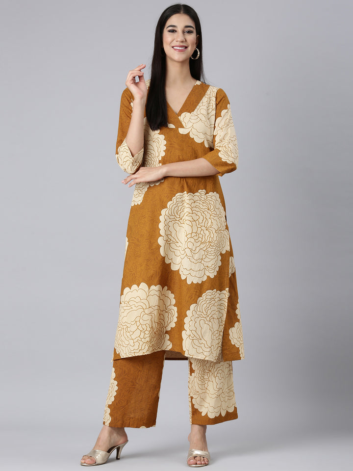 Neerus Mustard Printed Straight Kurta and Trousers