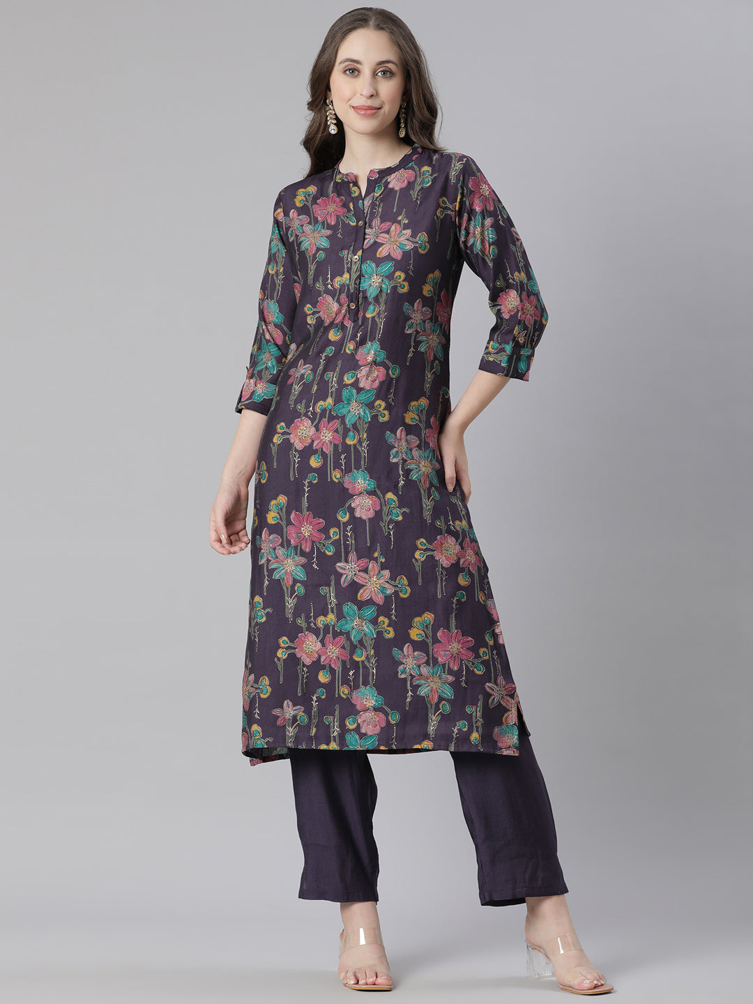 Neerus Purple polyester printed kurta set - front view