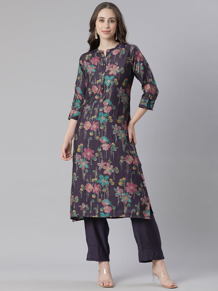 Neerus Purple polyester printed kurta set - front view