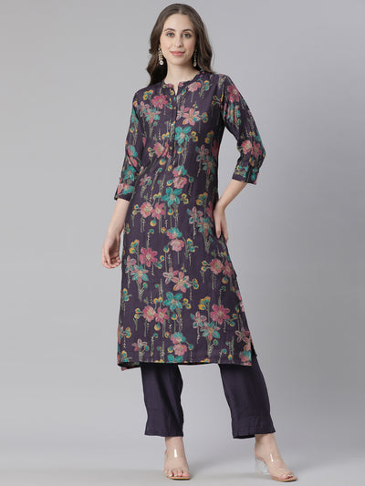 Neerus Purple Printed Straight Kurta and Trousers