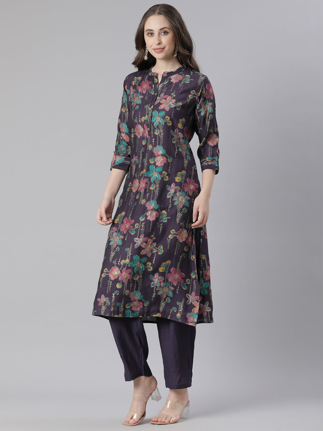 Neerus Purple polyester printed kurta set - back view