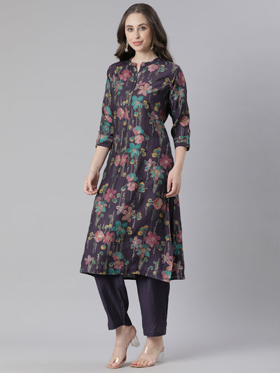 Neerus Purple Printed Straight Kurta and Trousers