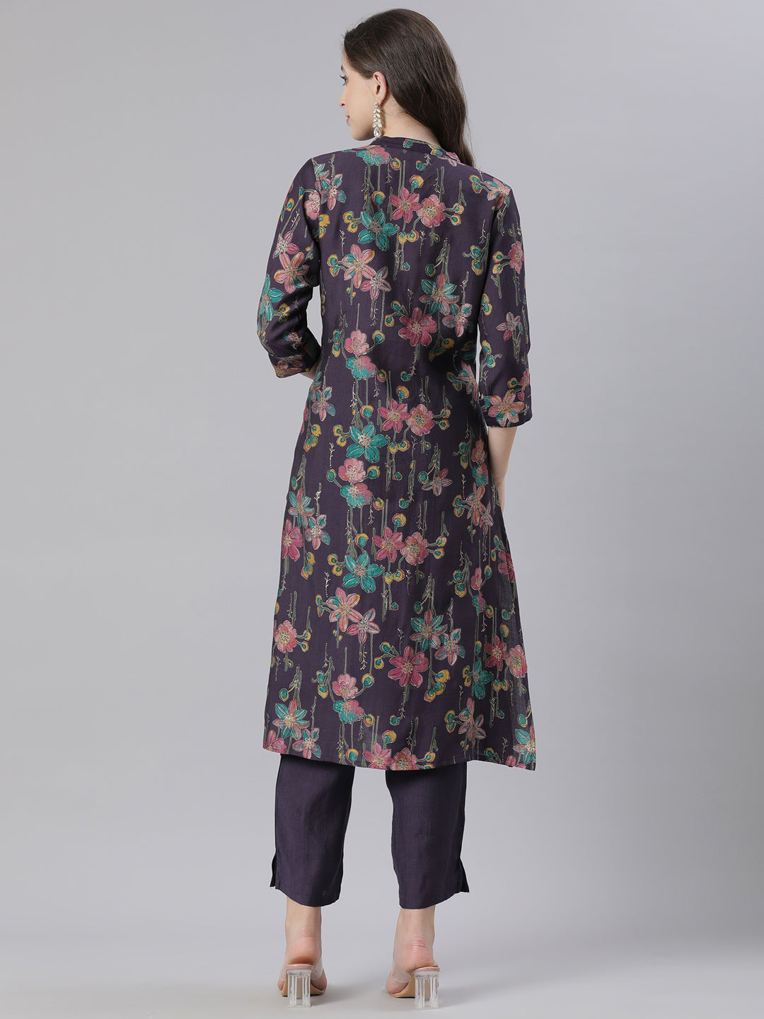 Neerus Purple polyester printed kurta set - side view