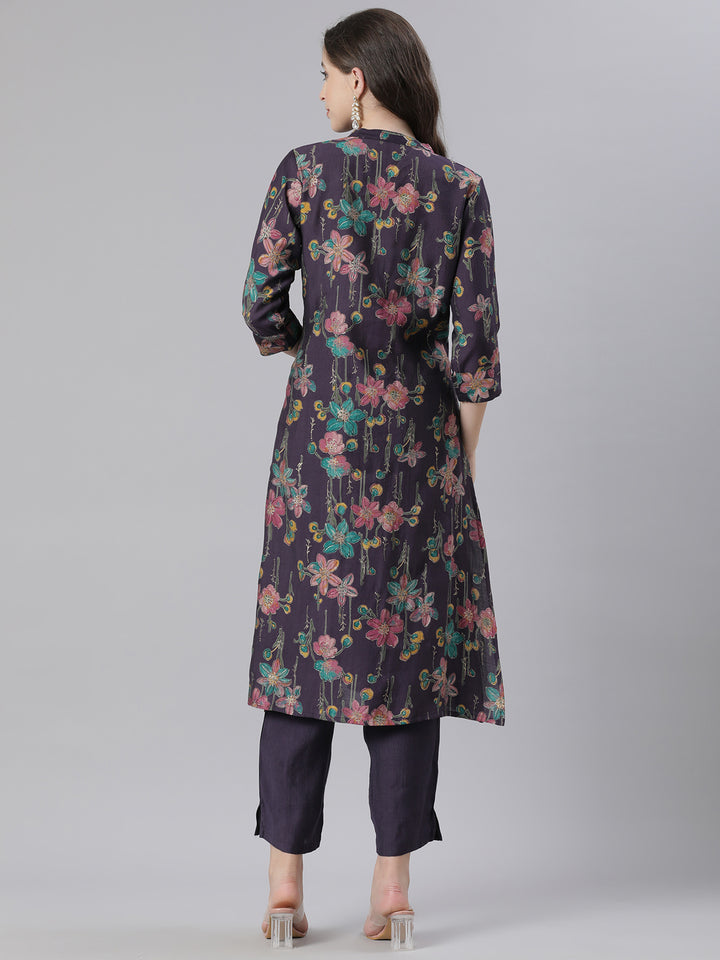 Neerus Purple polyester printed kurta set - side view