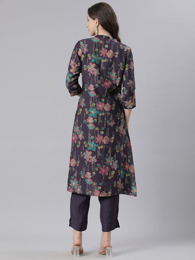 Neerus Purple Printed Straight Kurta and Trousers
