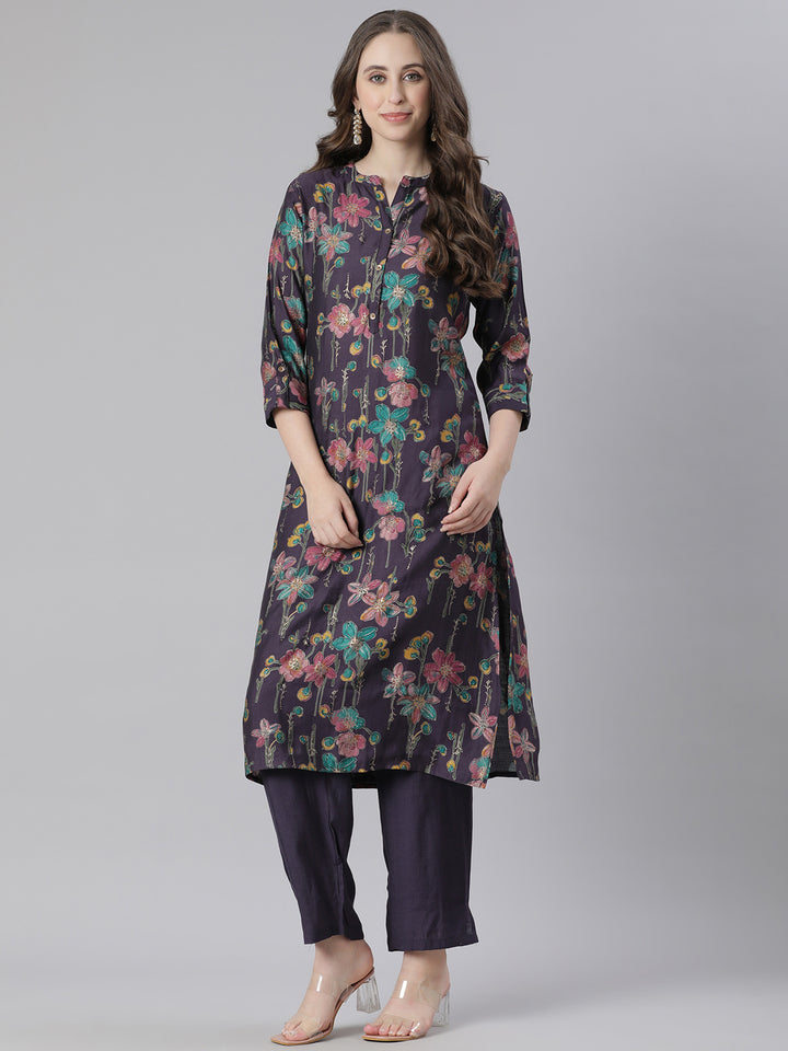Neerus Purple polyester printed kurta set - detail view 1