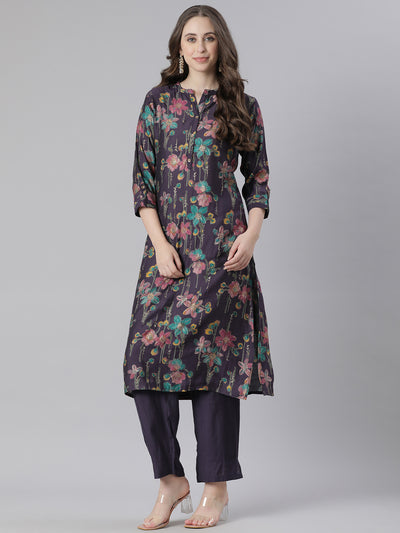 Neerus Purple Printed Straight Kurta and Trousers