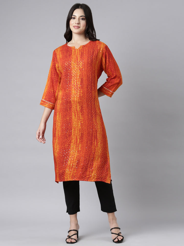 Neerus Orange embellished straight kurti - front view