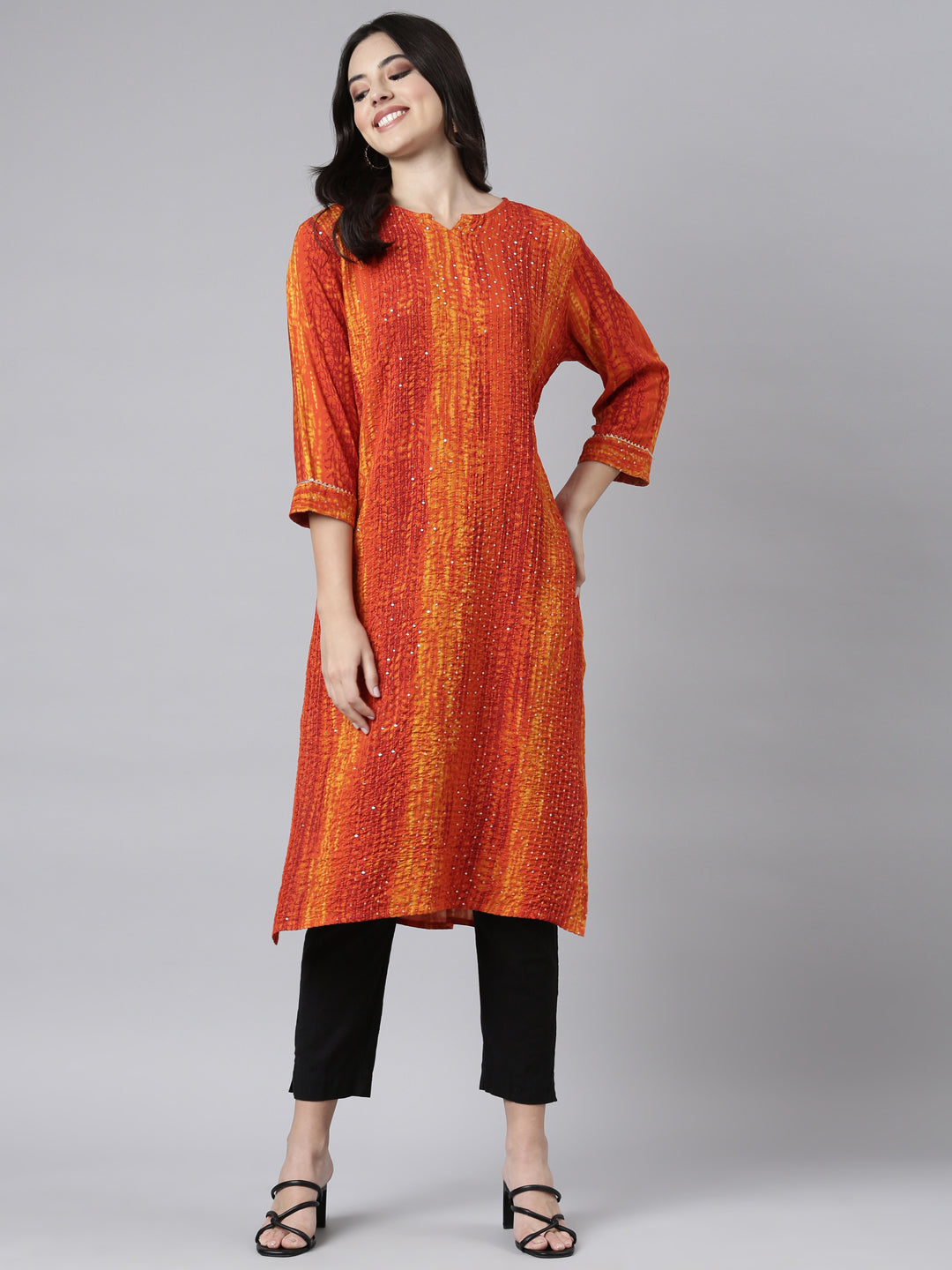 Neerus Orange embellished straight kurti - detail view 2