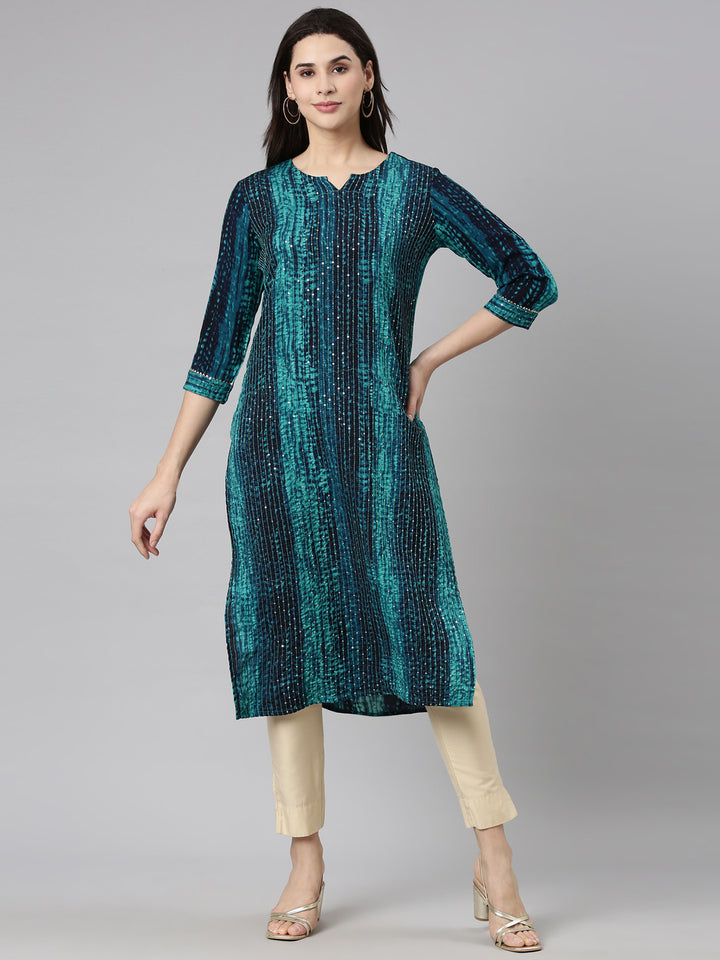 Neerus Blue embellished straight kurti - front view