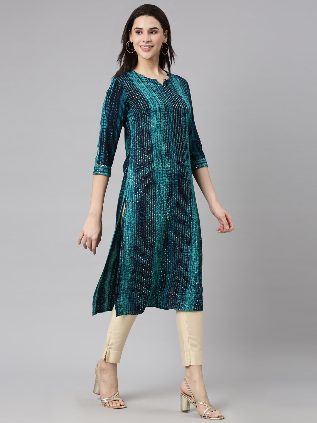Neerus Blue embellished straight kurti - back view