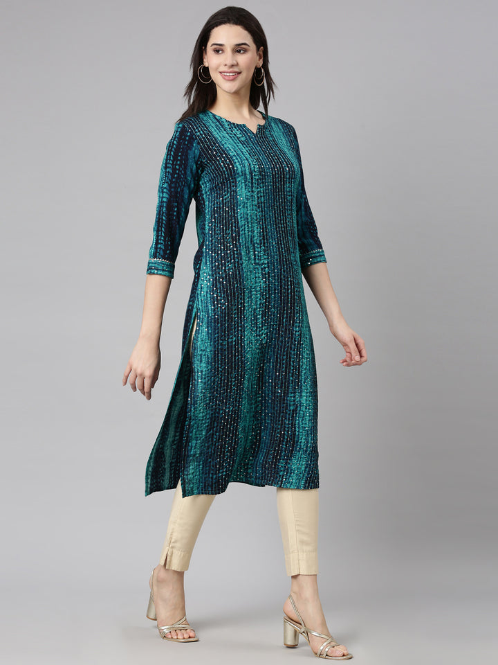 Neerus Blue embellished straight kurti - back view
