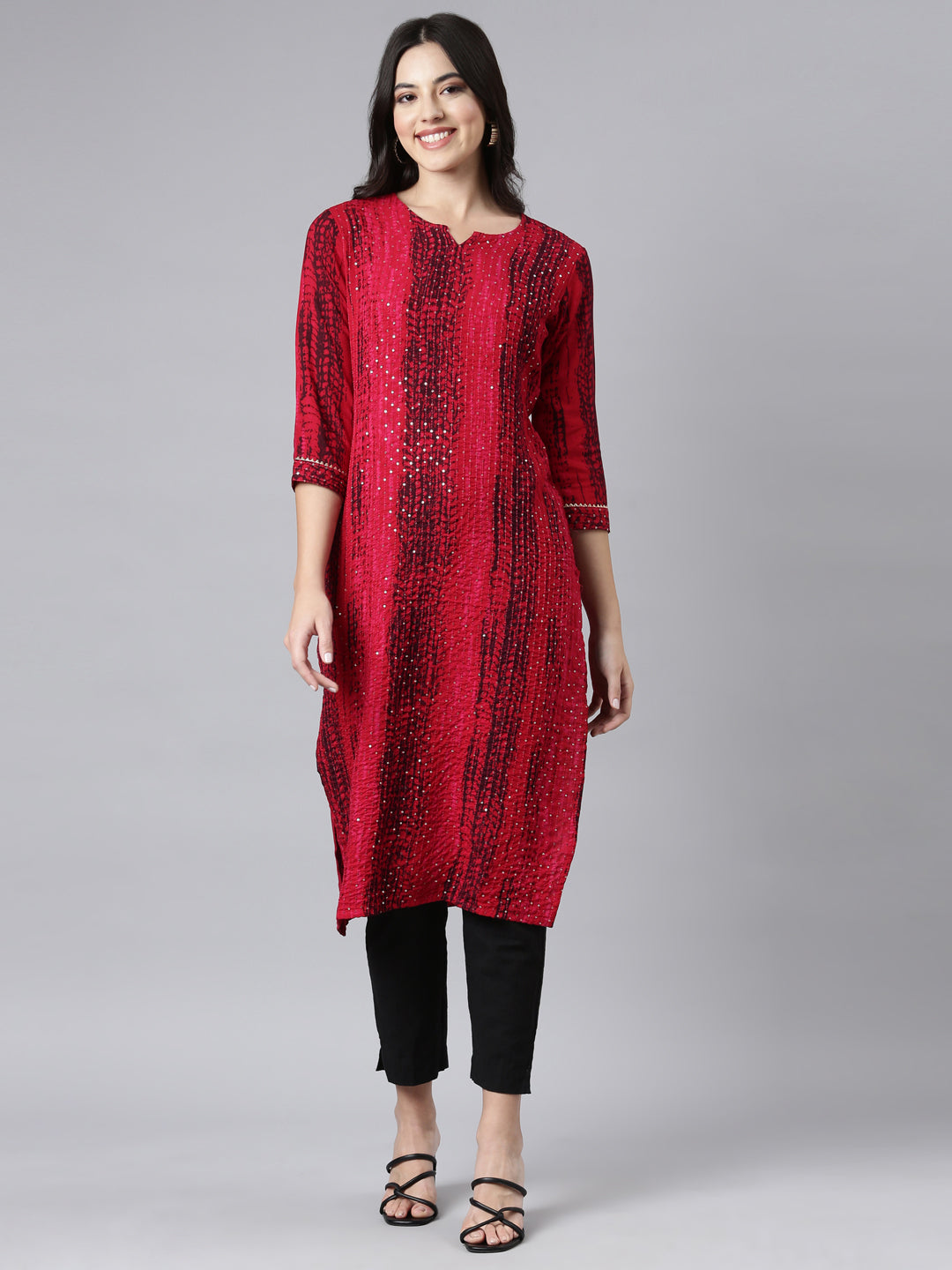 Neerus Red embellished straight kurti - front view