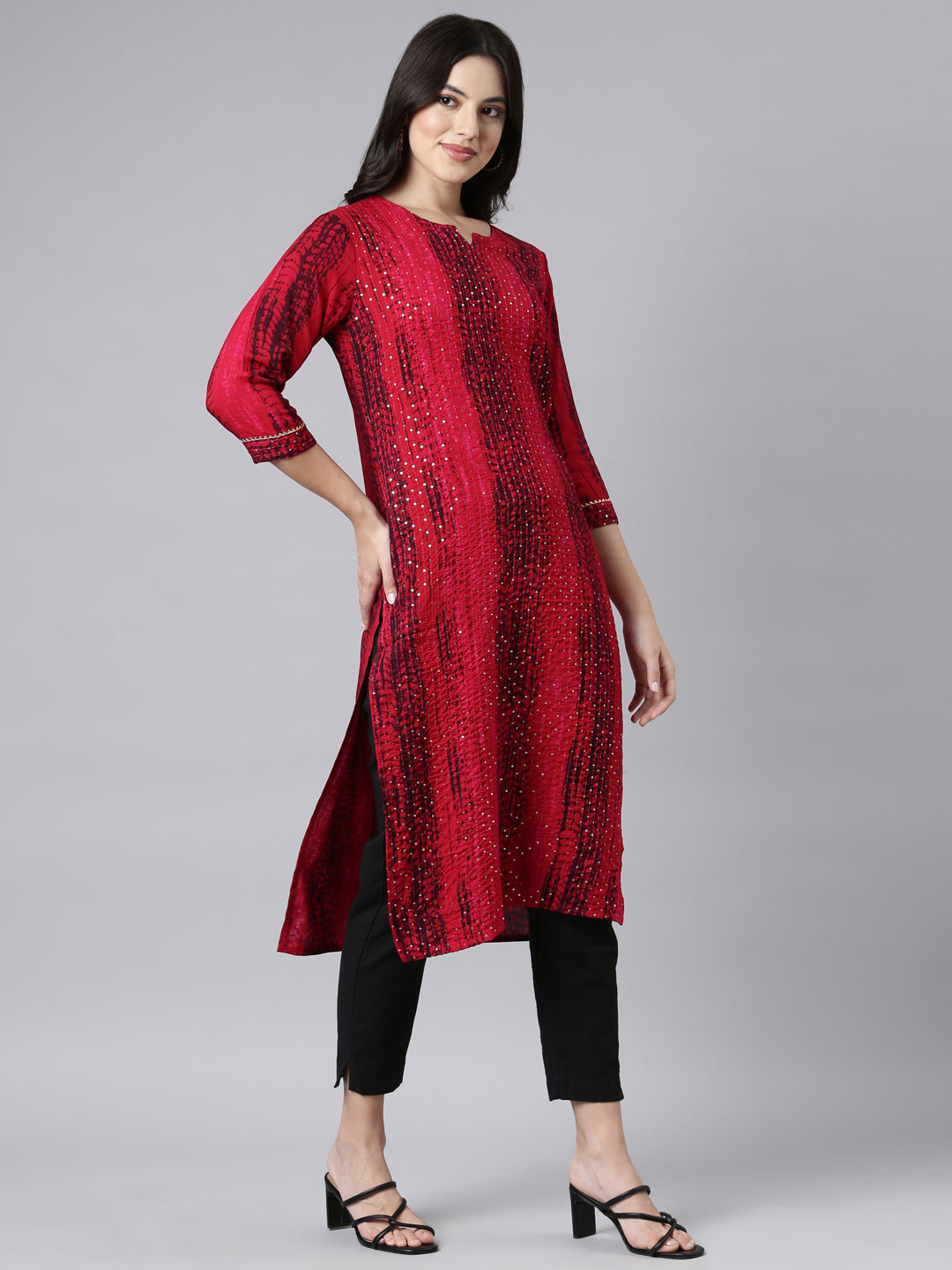 Neerus Red embellished straight kurti - back view