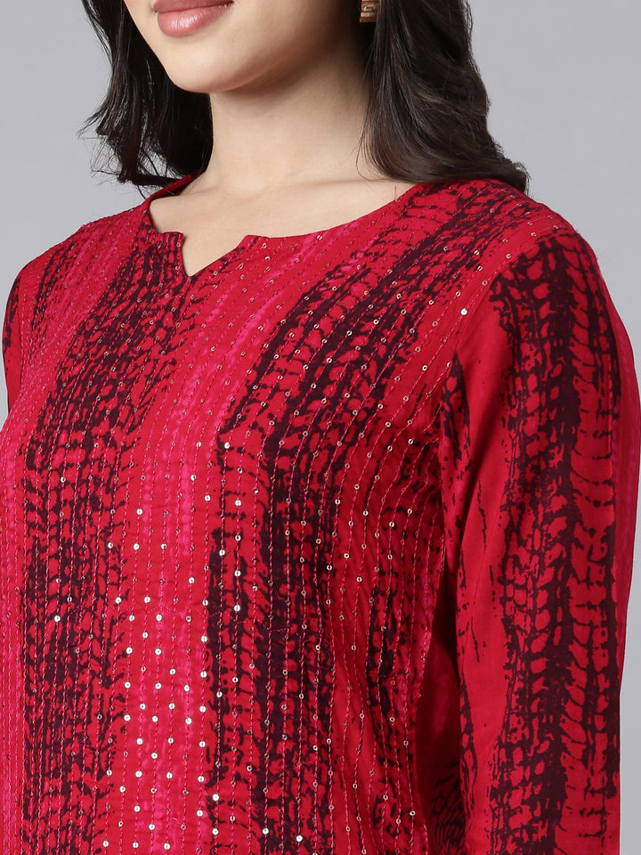 Neerus Red embellished straight kurti - detail view 1