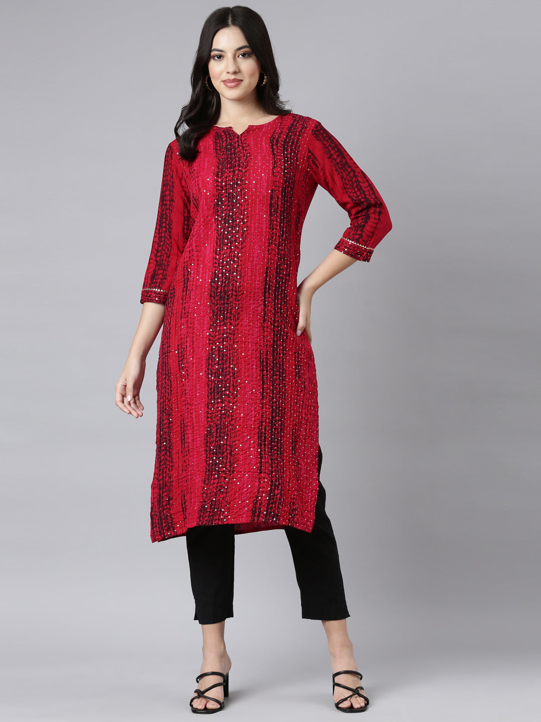 Neerus Red embellished straight kurti - detail view 2