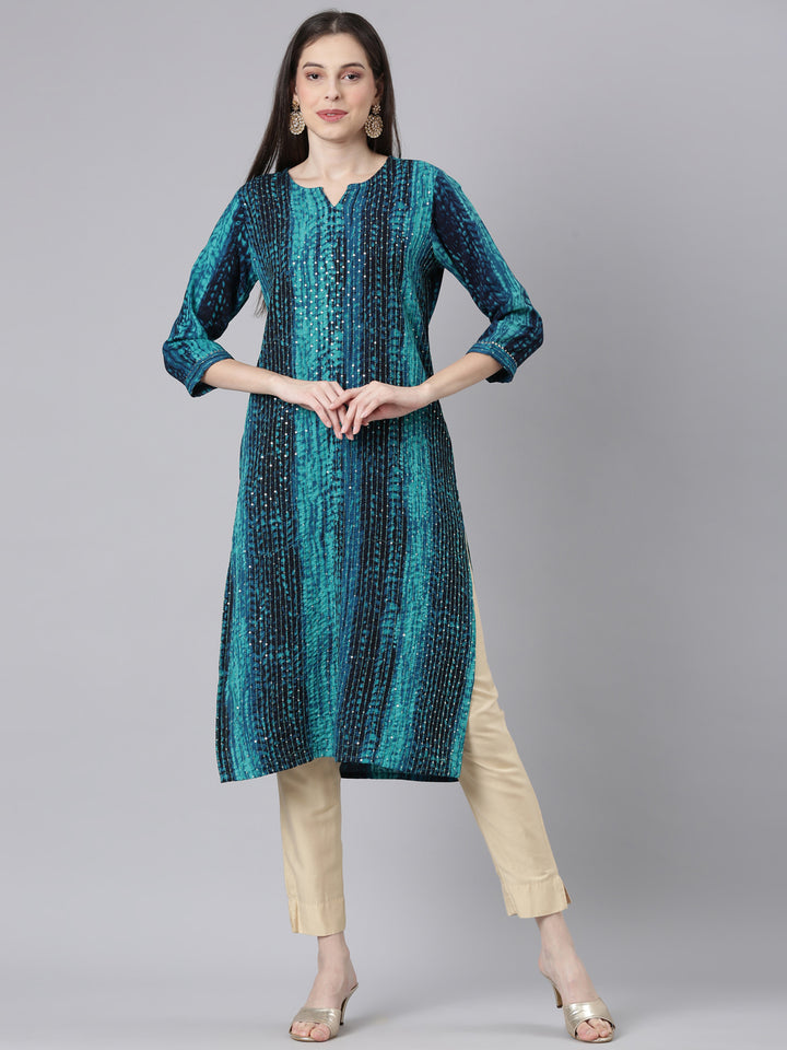 Neerus Green Casual Striped Straight Kurtas