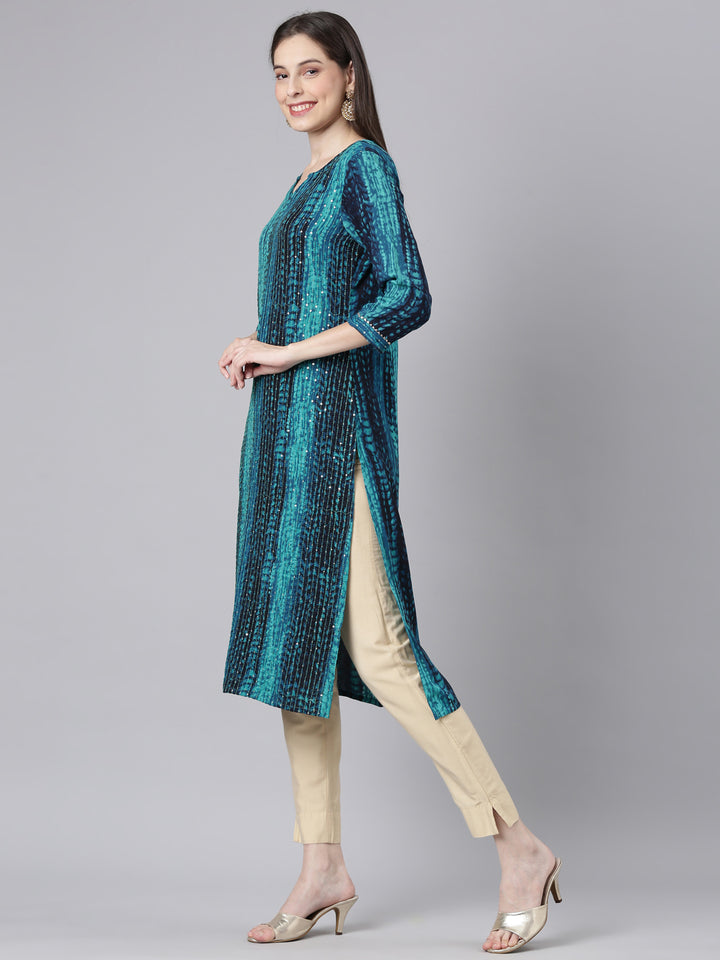 Neerus Green Casual Striped Straight Kurtas