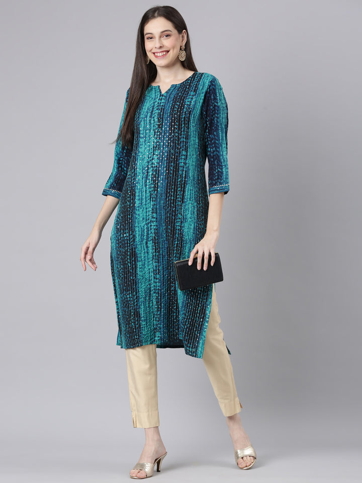 Neerus Green Casual Striped Straight Kurtas