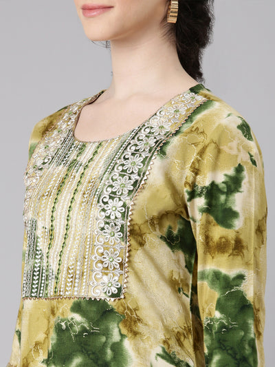 Neerus Green Straight Casual Panelled Kurtas