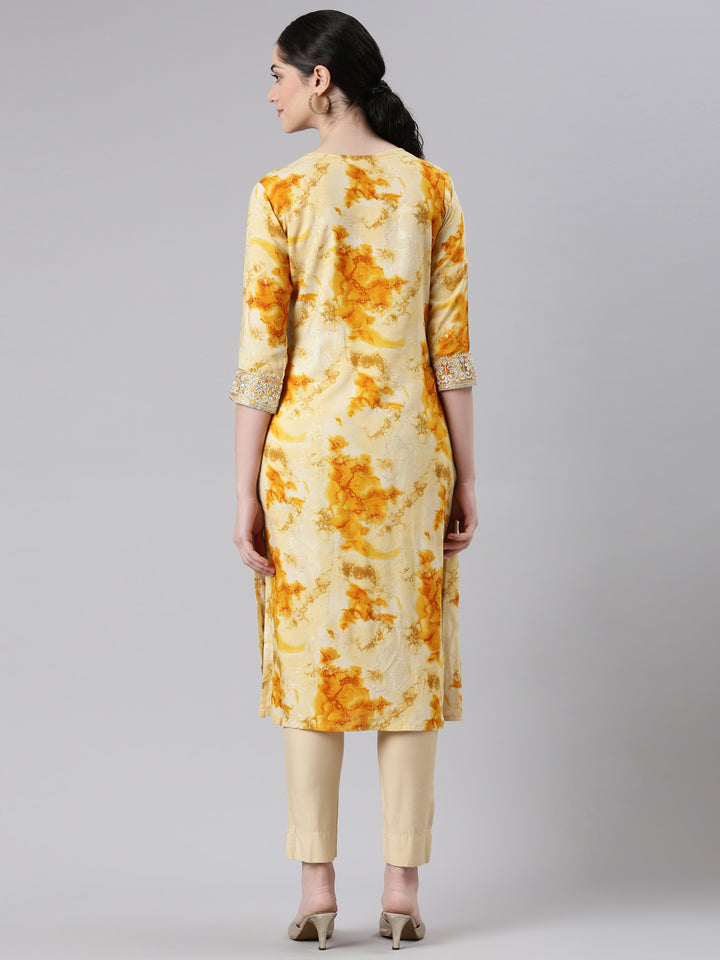 Neerus Yellow Straight Casual Panelled Kurtas