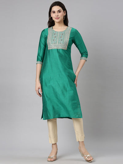 Neerus Green Regular Straight Solid Kurtas