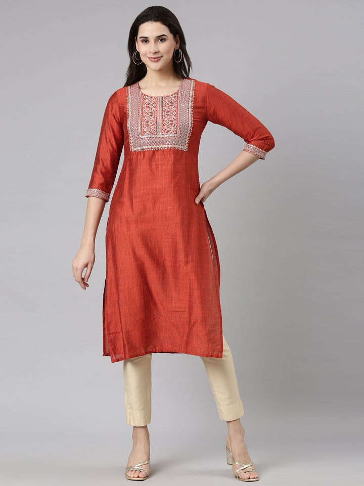 Neerus Rust Regular Straight Solid Kurtas