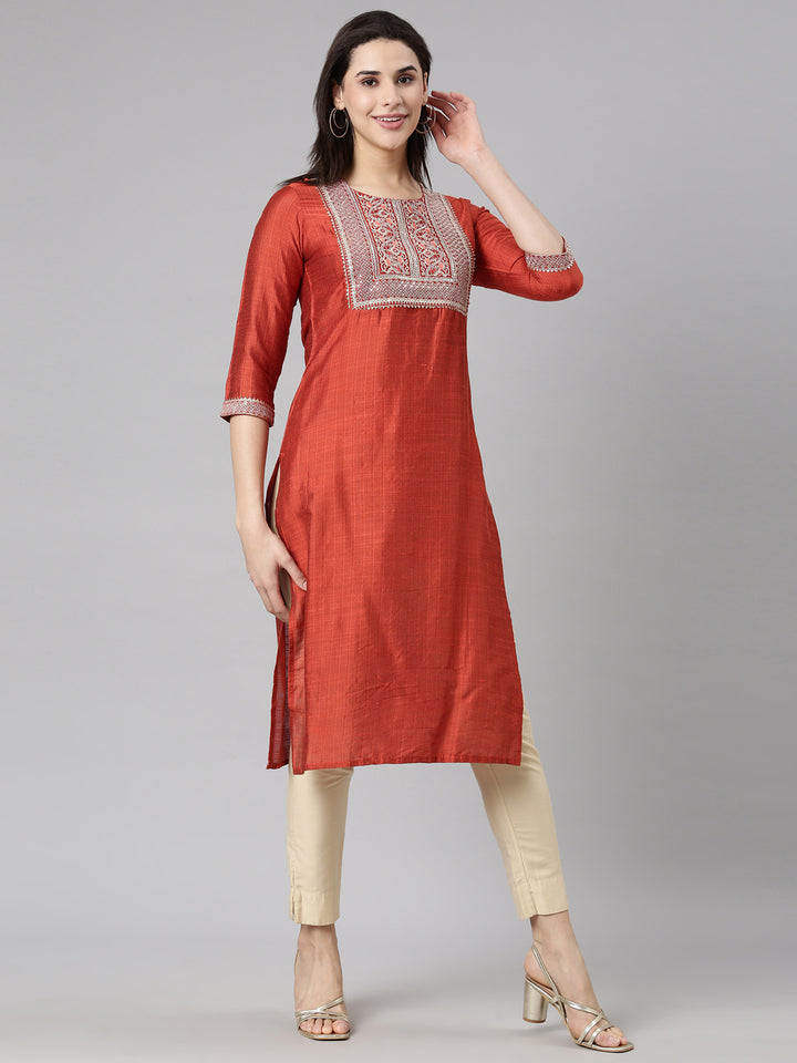Neerus Rust Regular Straight Solid Kurtas