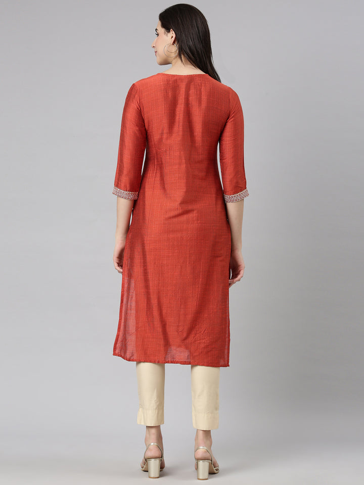 Neerus Rust Regular Straight Solid Kurtas
