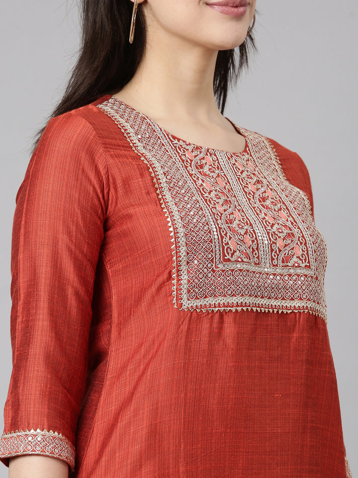 Neerus Rust Regular Straight Solid Kurtas