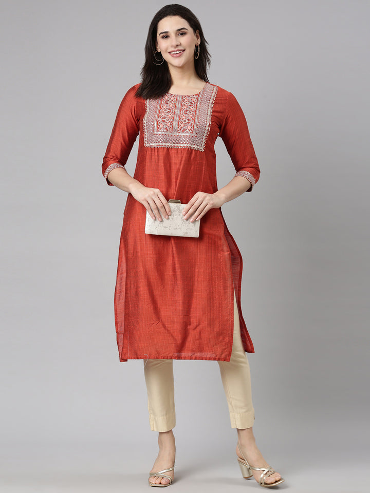Neerus Rust Regular Straight Solid Kurtas