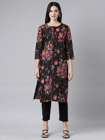 Neerus Black Regular Straight Floral Kurtas