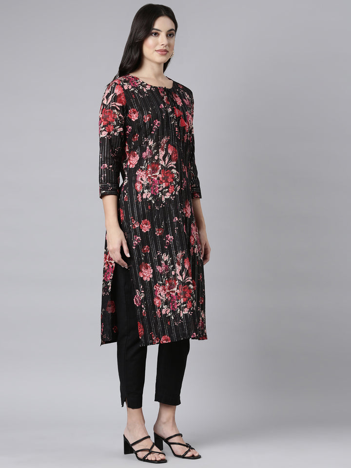 Neerus Black Regular Straight Floral Kurtas